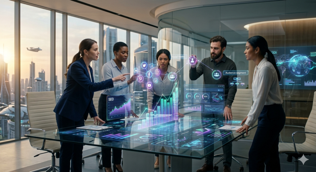 Équipe d'experts en marketing digital analysant des indicateurs SEO et data sur une interface holographique.