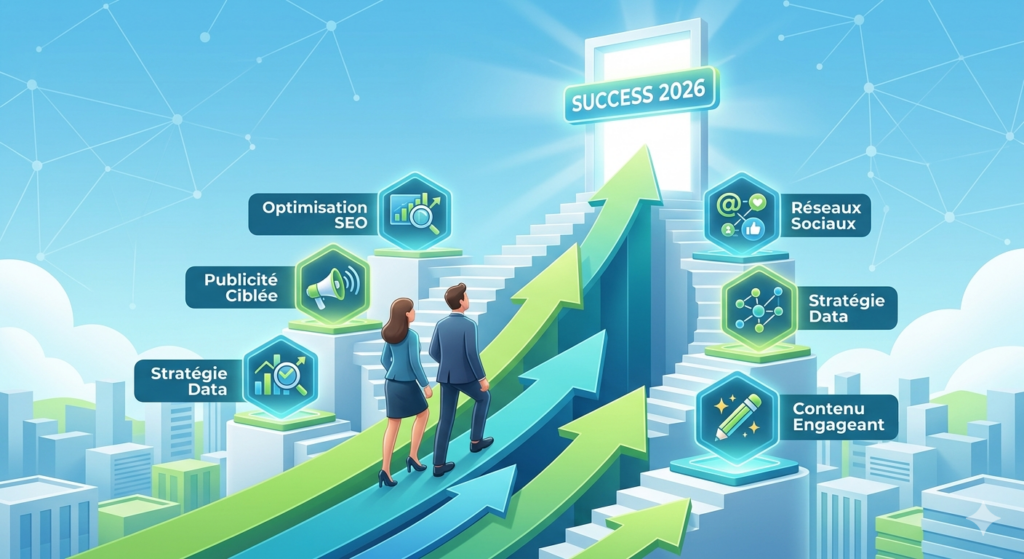 Infographie montrant les étapes du succès digital en 2026 : optimisation SEO, stratégie data, publicité ciblée et réseaux sociaux.